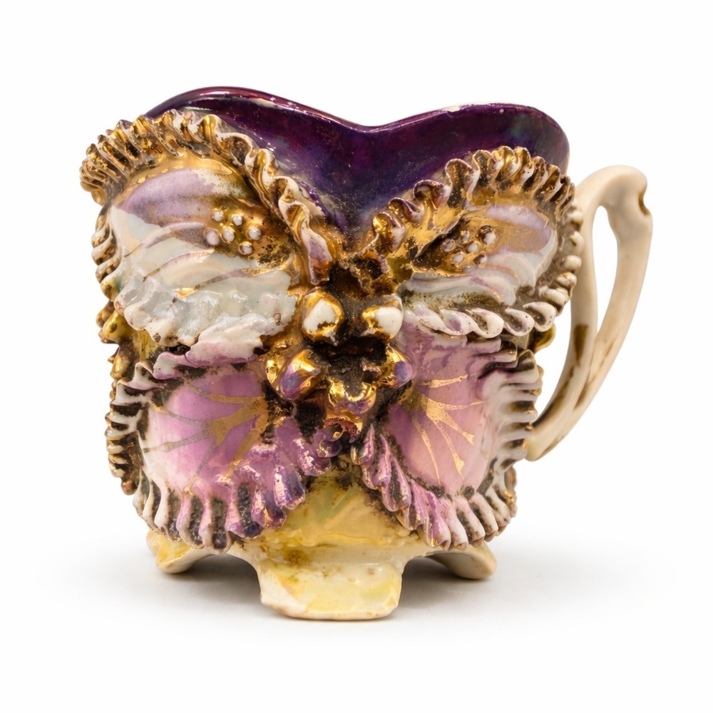 Antique German Porcelain Butterfly Teacup 3D Applied Gilt Luster Made in Germany